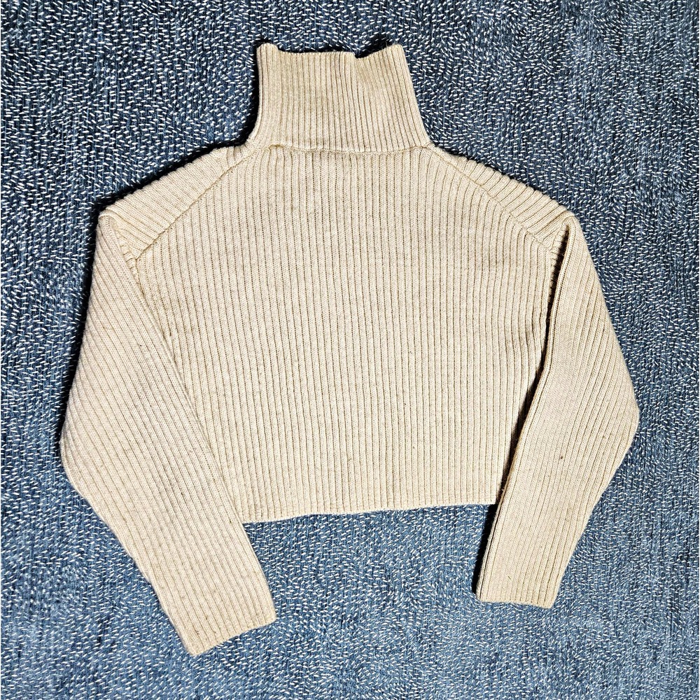 H&M Women's Beige Ribbed Knit Cropped Turtleneck Pullover Sweater M